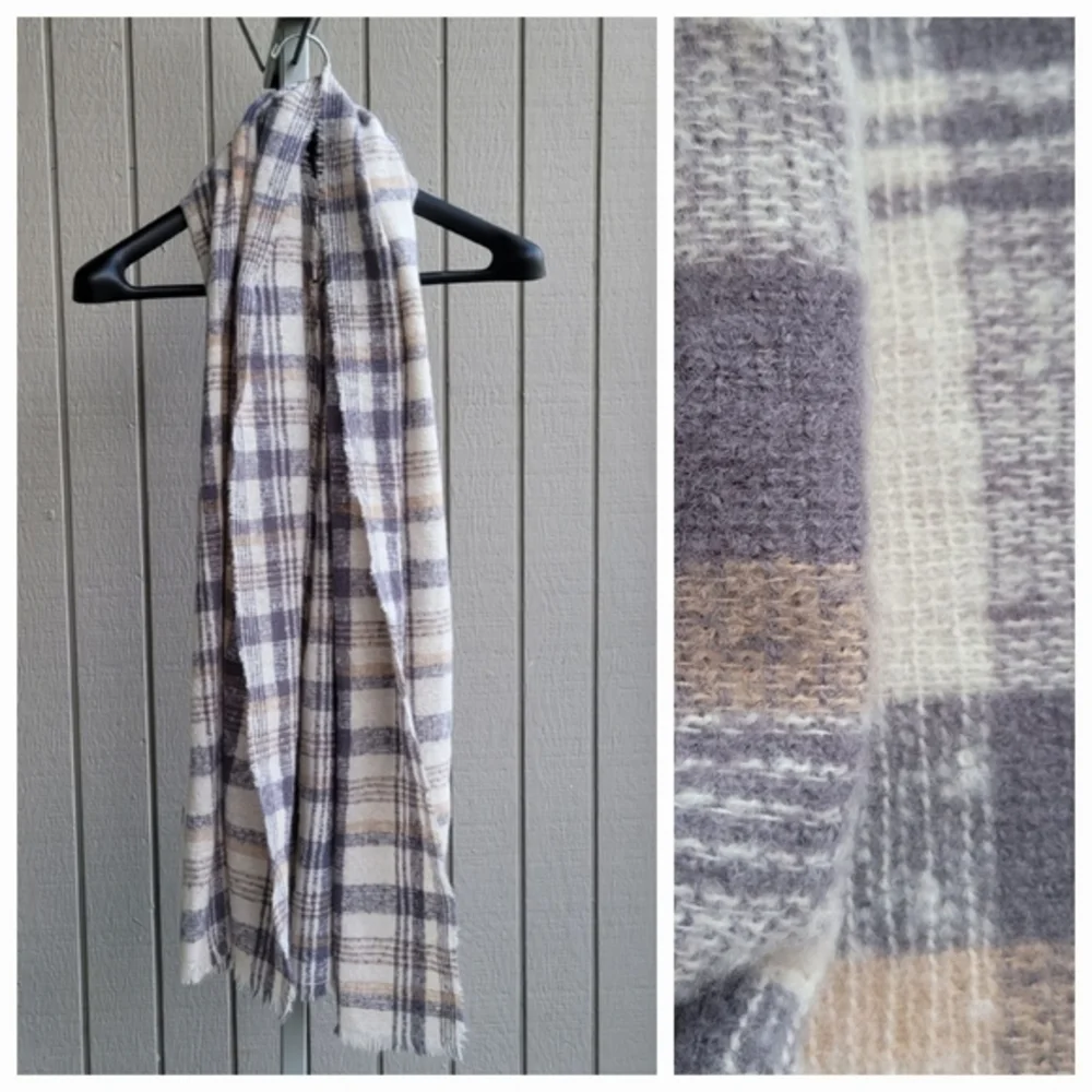 Soft & Cozy Plaid Blanket Scarf EUC Grey Tan Checkers Unisex Wrap